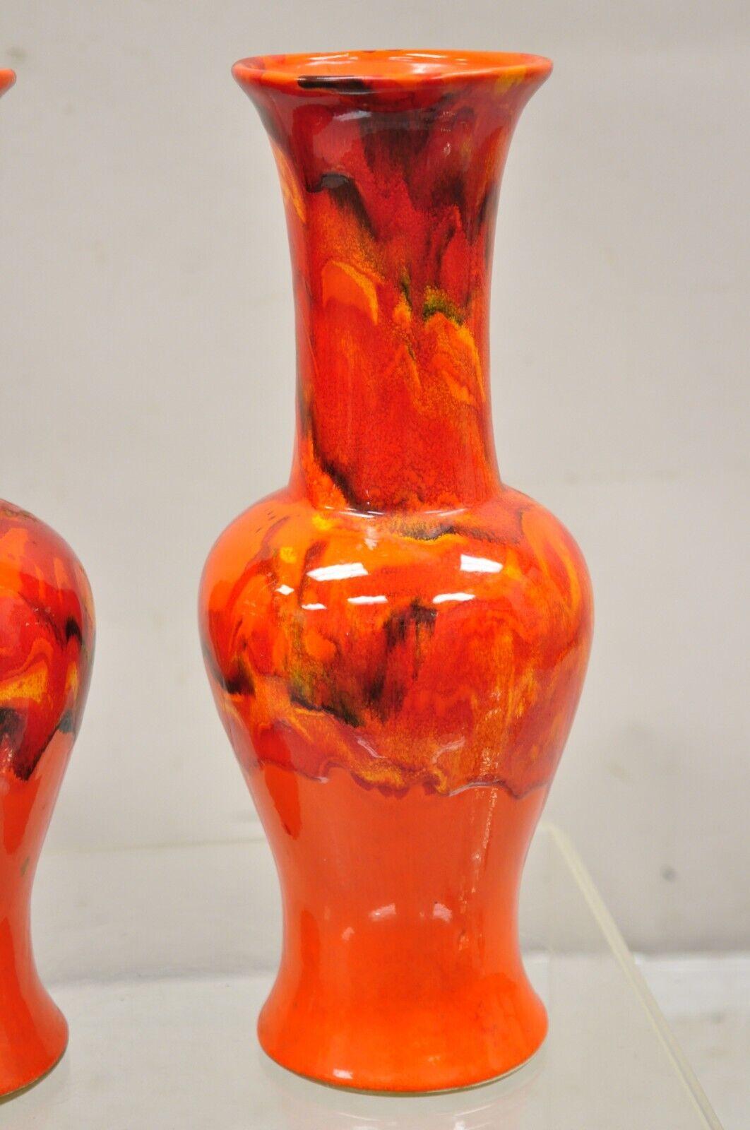 20th Century Pair Vintage Red Lava Drip Glazed Mid Century Modern Ceramic Pottery Vessel Vase For Sale