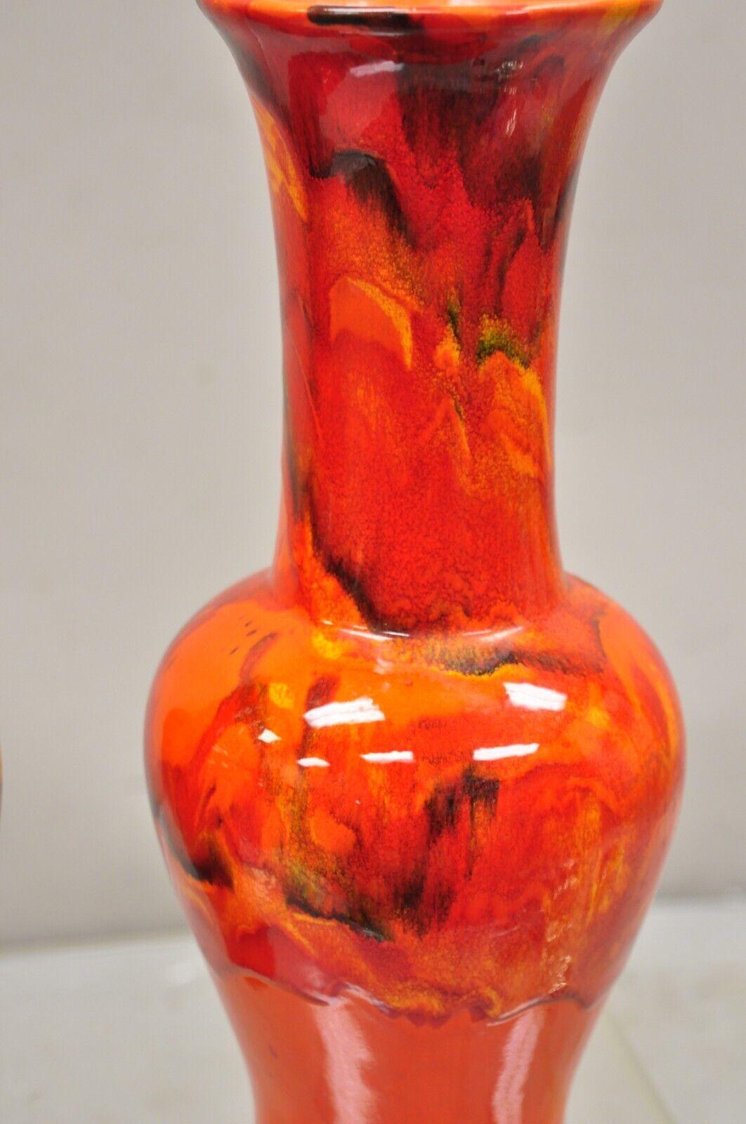 Pair Vintage Red Lava Drip Glazed Mid Century Modern Ceramic Pottery Vessel Vase For Sale 1