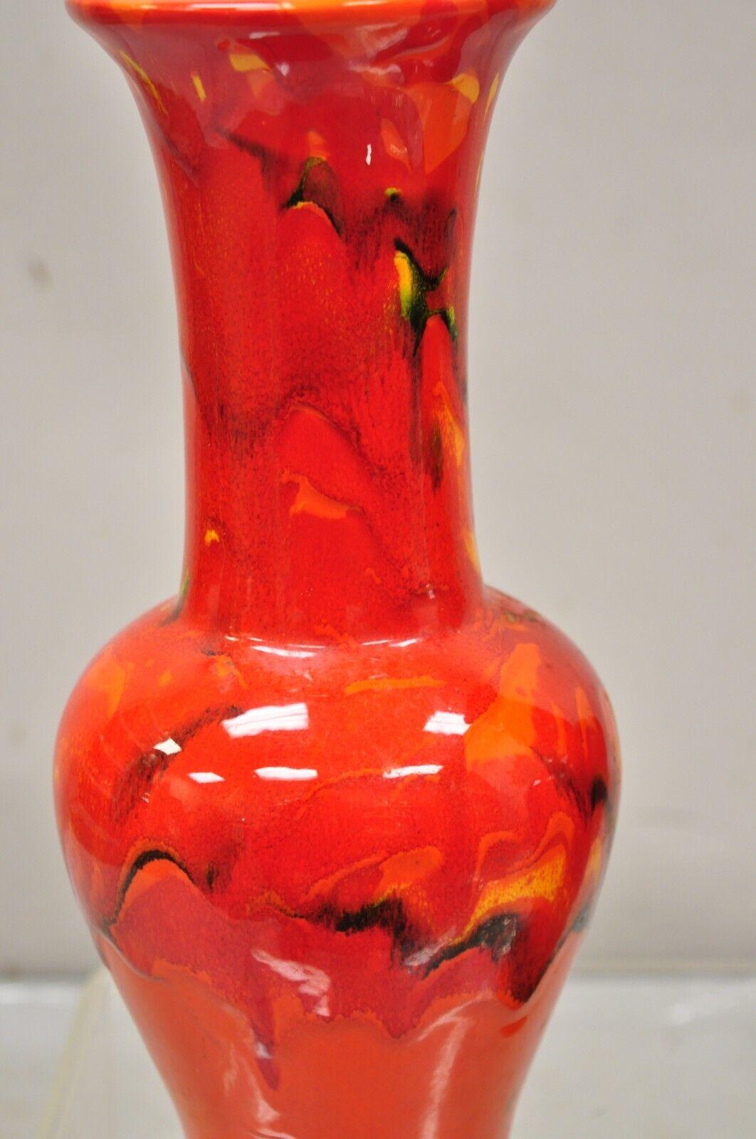 Pair Vintage Red Lava Drip Glazed Mid Century Modern Ceramic Pottery Vessel Vase For Sale 2