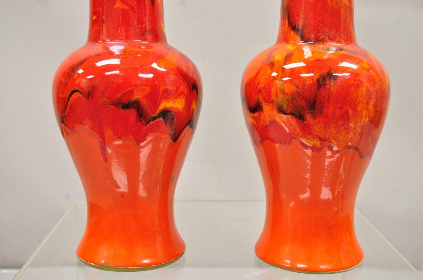 Pair Vintage Red Lava Drip Glazed Mid Century Modern Ceramic Pottery Vessel Vase For Sale 3