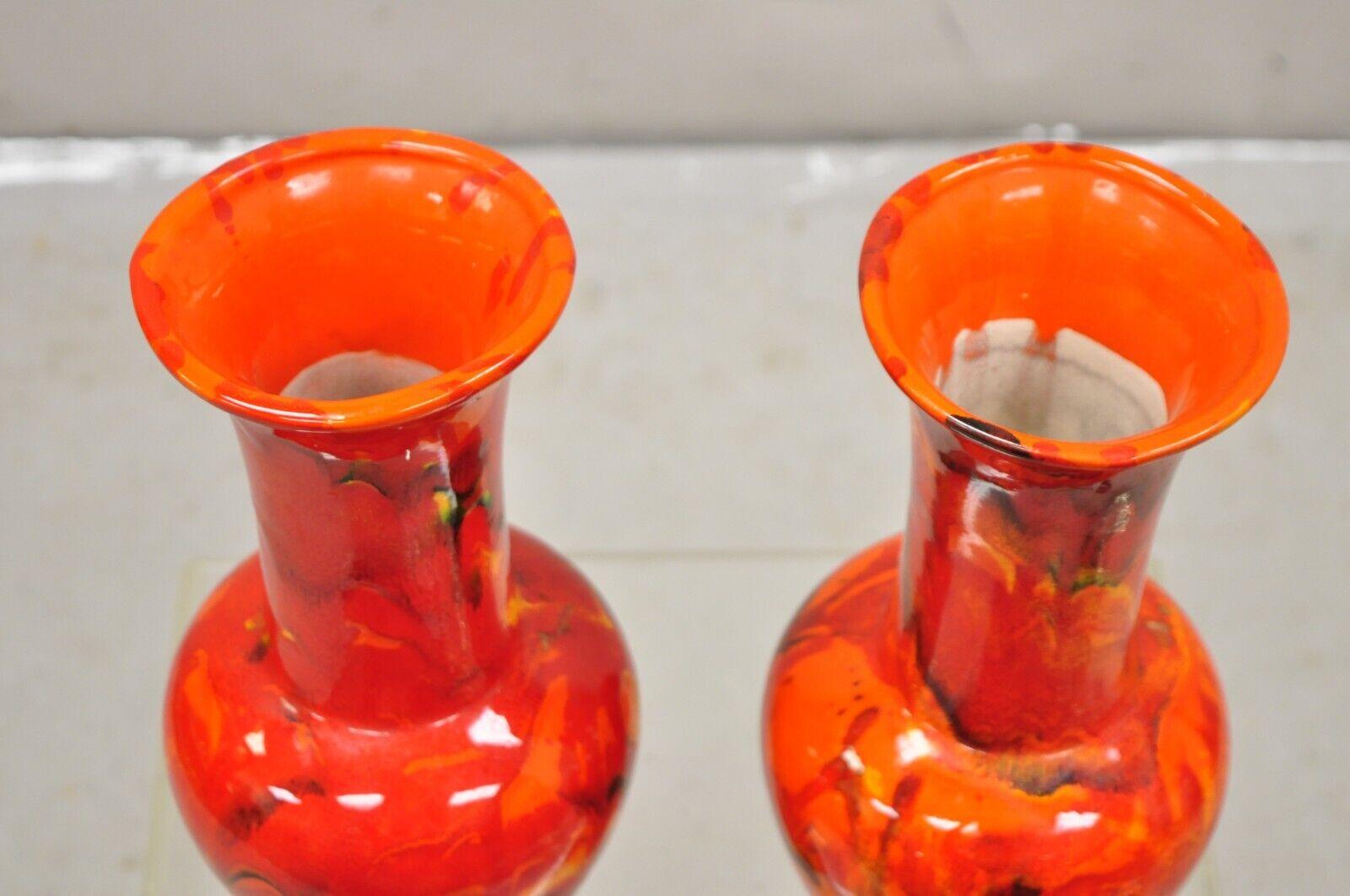 Pair Vintage Red Lava Drip Glazed Mid Century Modern Ceramic Pottery Vessel Vase For Sale 4