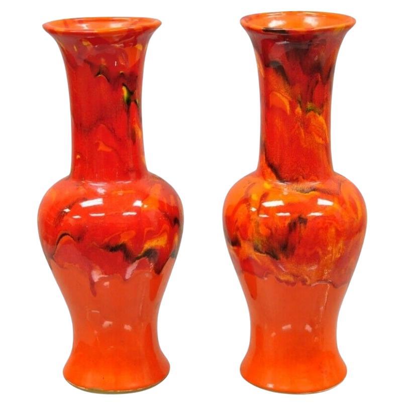 Pair Vintage Red Lava Drip Glazed Mid Century Modern Ceramic Pottery Vessel Vase