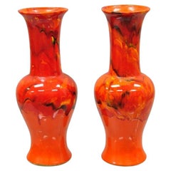 Pair Retro Red Lava Drip Glazed Mid Century Modern Ceramic Pottery Vessel Vase