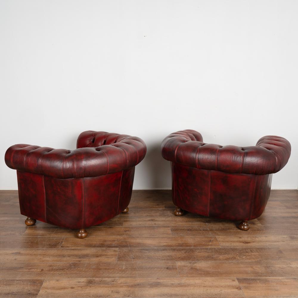English Pair Vintage Red Leather Chesterfield Club Arm Chairs from England circa 1950-60