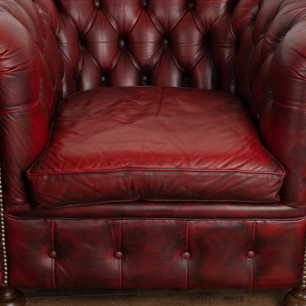 Pair Vintage Red Leather Chesterfield Club Arm Chairs from England circa 1950-60 In Good Condition In Round Top, TX