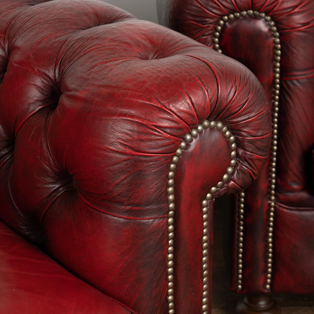 Pair Vintage Red Leather Chesterfield Club Arm Chairs from England circa 1950-60 4