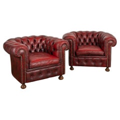Pair Vintage Red Leather Chesterfield Club Arm Chairs from England circa 1950-60