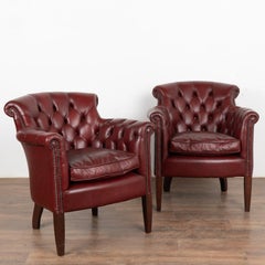 Pair, Vintage Red Leather Chesterfield Club Armchairs, Denmark circa 1940-60