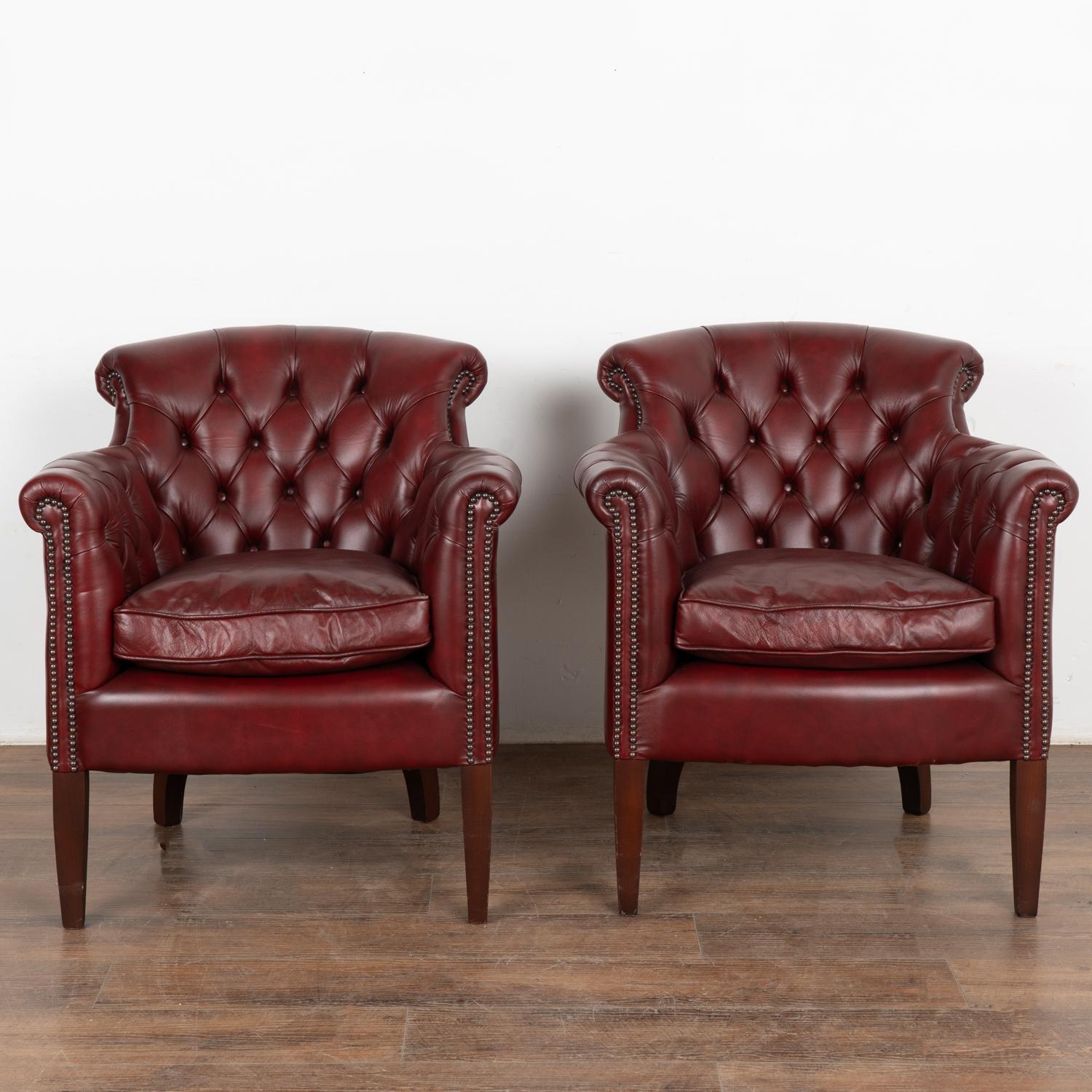 Danish Pair, Vintage Red Leather Chesterfield Club Armchairs, Denmark circa 1940-60 For Sale