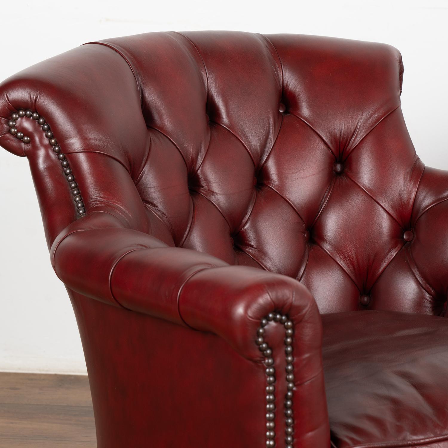 Pair, Vintage Red Leather Chesterfield Club Armchairs, Denmark circa 1940-60 In Good Condition For Sale In Round Top, TX