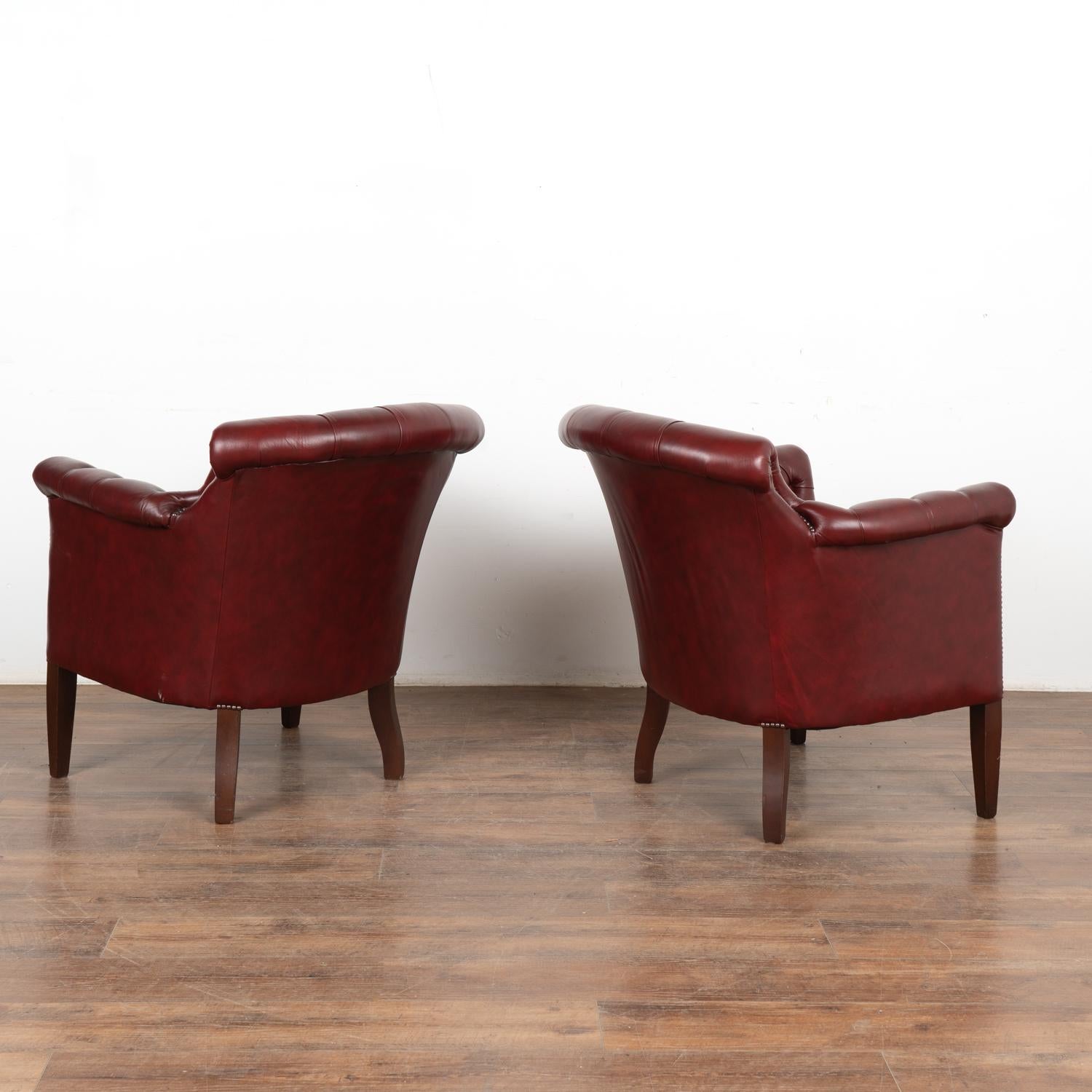 Pair, Vintage Red Leather Chesterfield Club Armchairs, Denmark circa 1940-60 For Sale 3