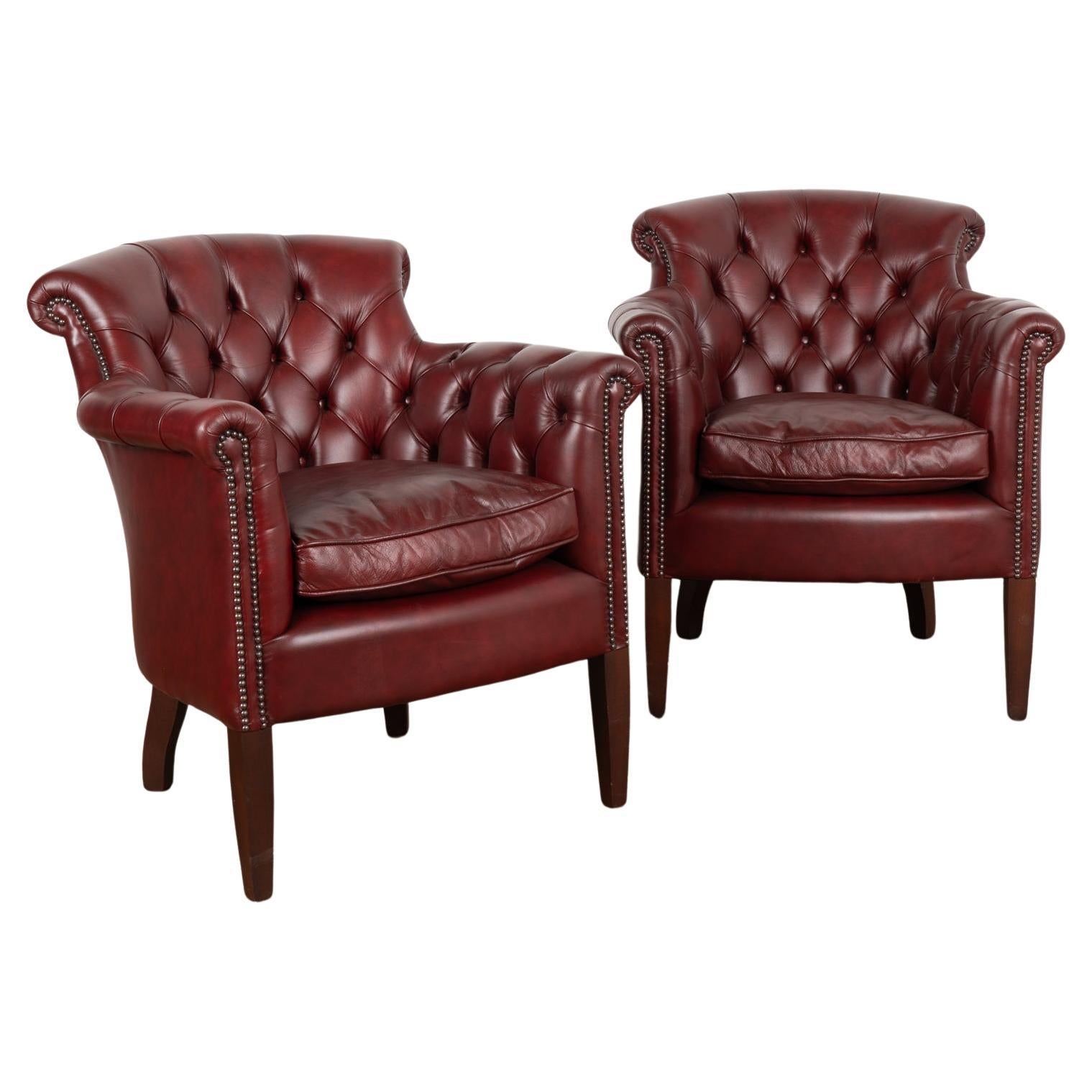 Pair, Vintage Red Leather Chesterfield Club Armchairs, Denmark circa 1940-60