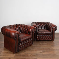 Pair, Vintage Red Leather Chesterfield Club Chairs, Denmark,  circa 1980