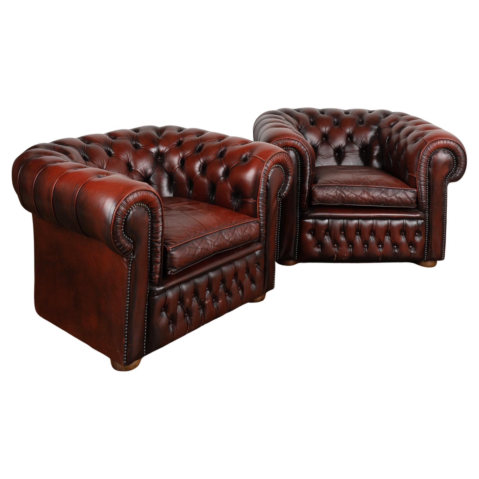 Pair, Vintage Red Leather Chesterfield Club Chairs, Denmark, circa 1980