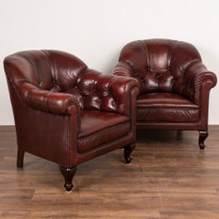 Pair, Vintage Red Leather Club Chairs, Denmark, circa 1920-40