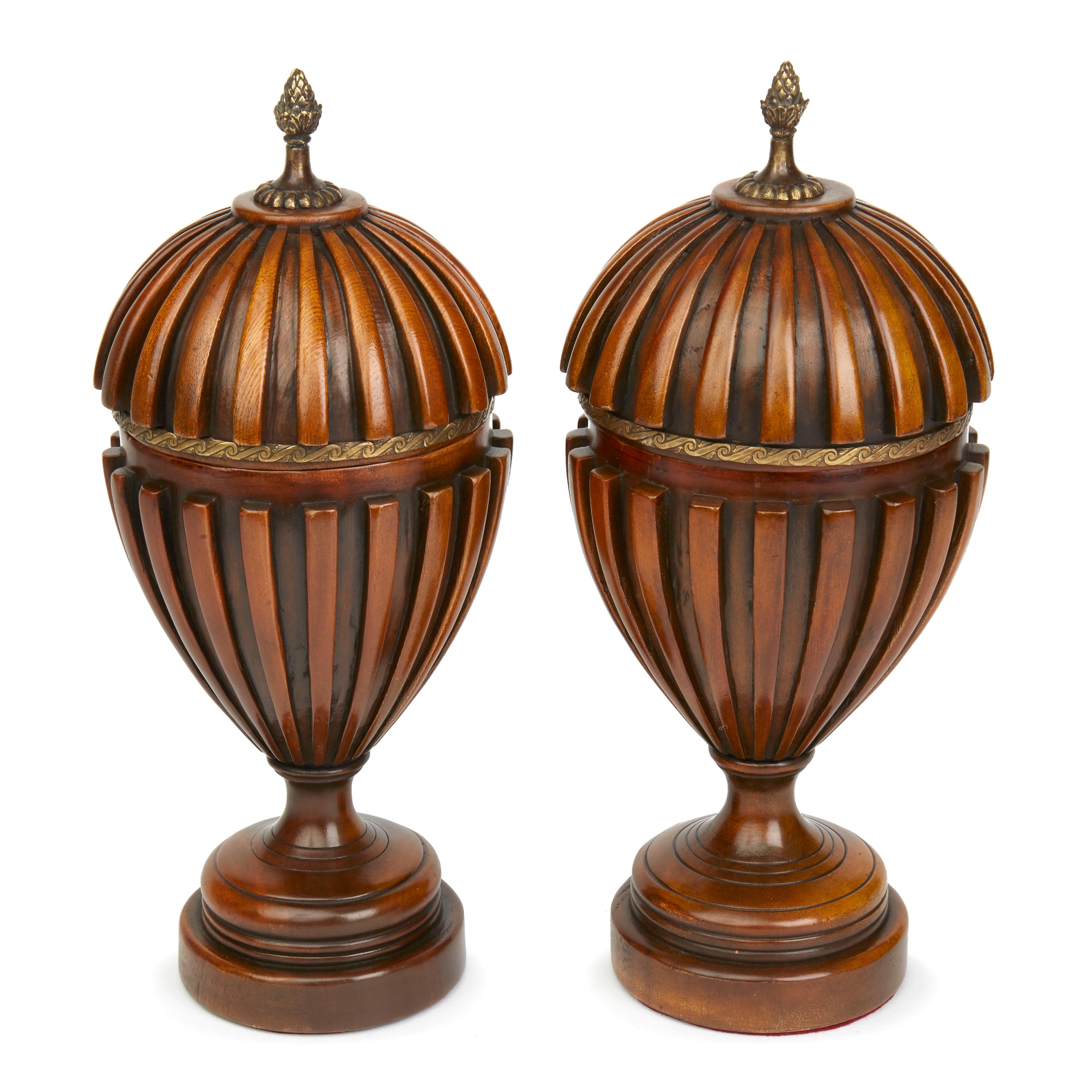 European Pair of Adam Style Carved Wood Lidded Urns, circa 1950