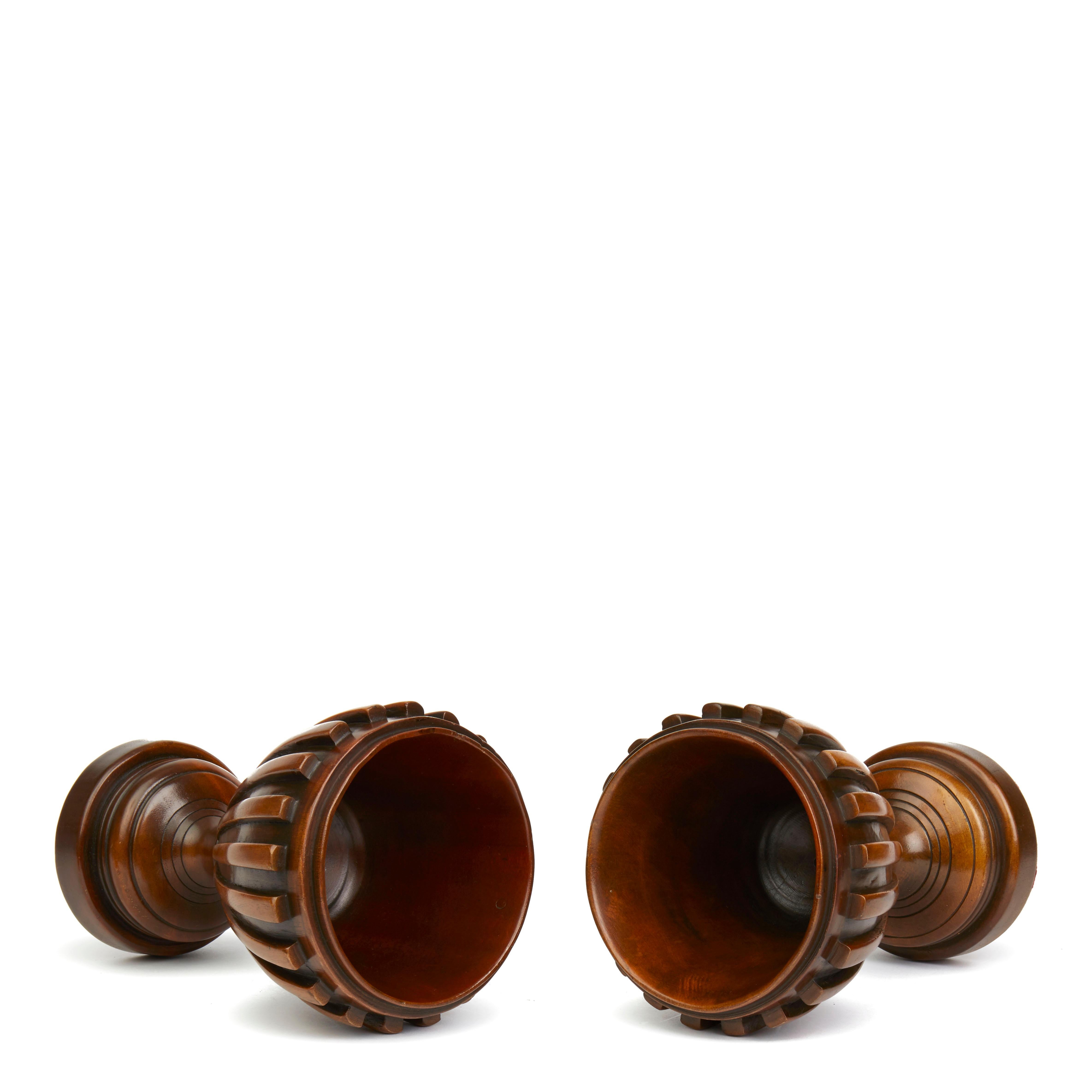 Mid-20th Century Pair of Adam Style Carved Wood Lidded Urns, circa 1950