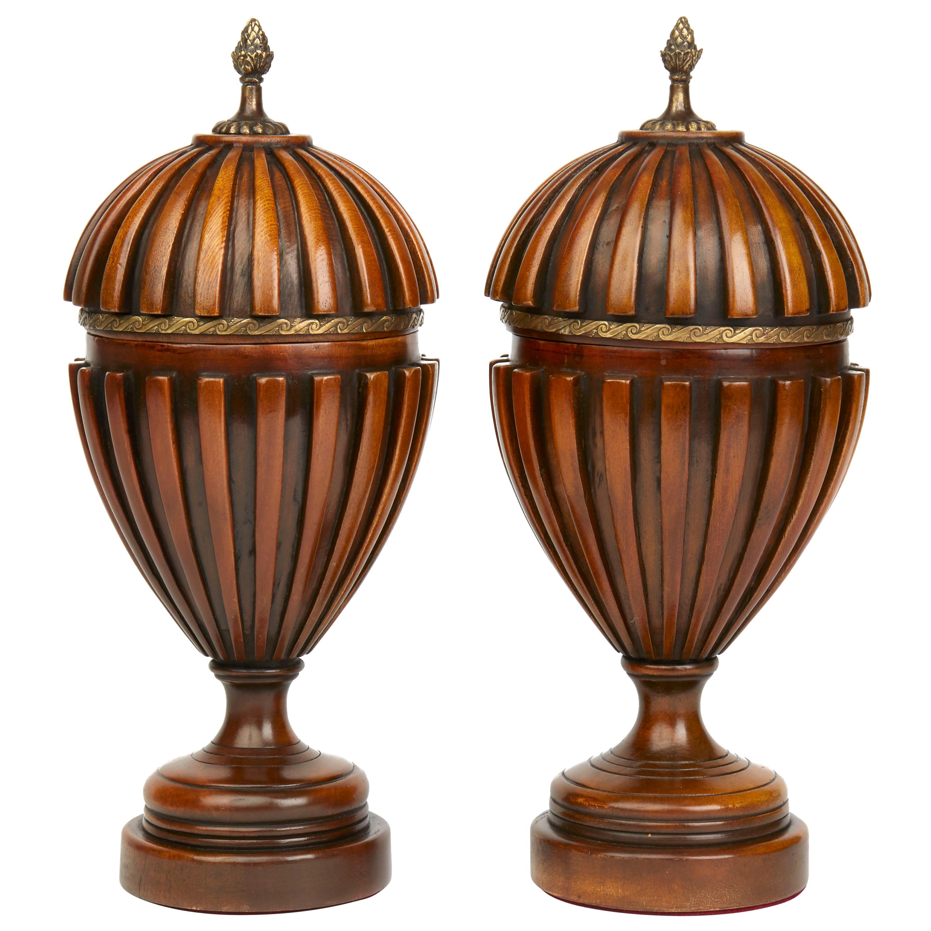 Pair of Adam Style Carved Wood Lidded Urns, circa 1950
