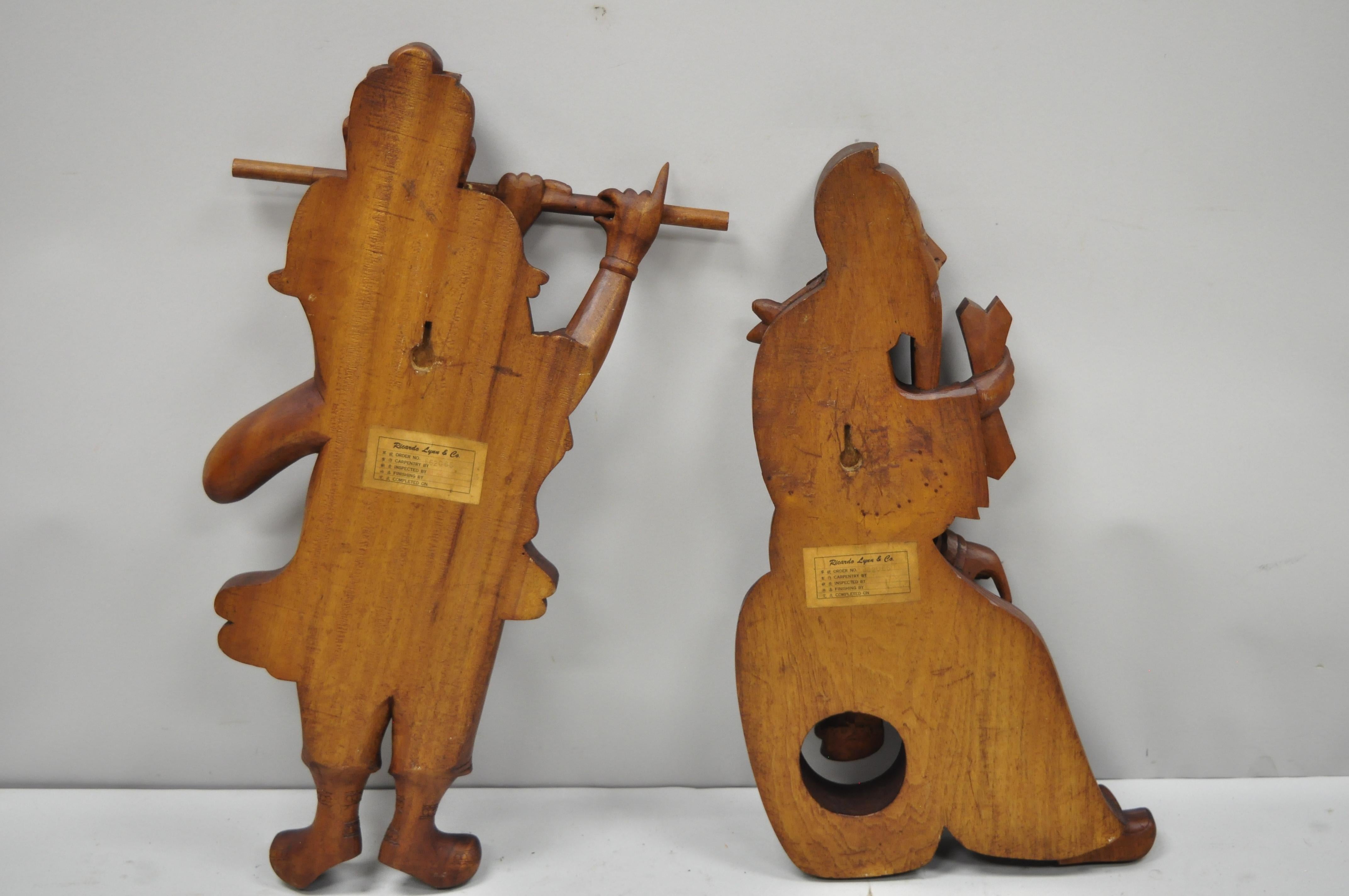 Pair Vintage Ricardo Lynn Carved Teak Wood Oriental Figures Flute Player Wiseman For Sale 1