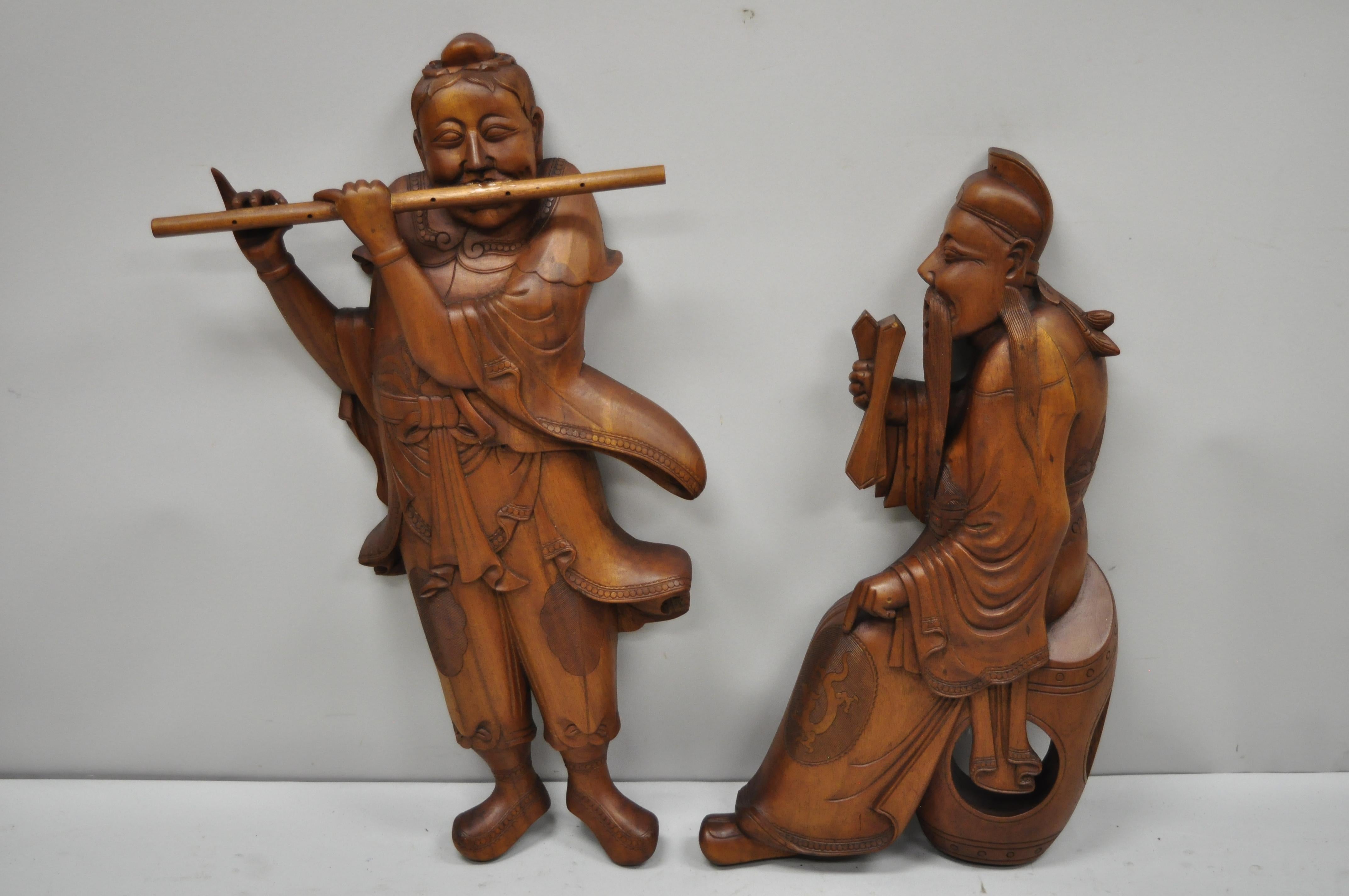 Pair Vintage Ricardo Lynn Carved Teak Wood Oriental Figures Flute Player Wiseman For Sale 2