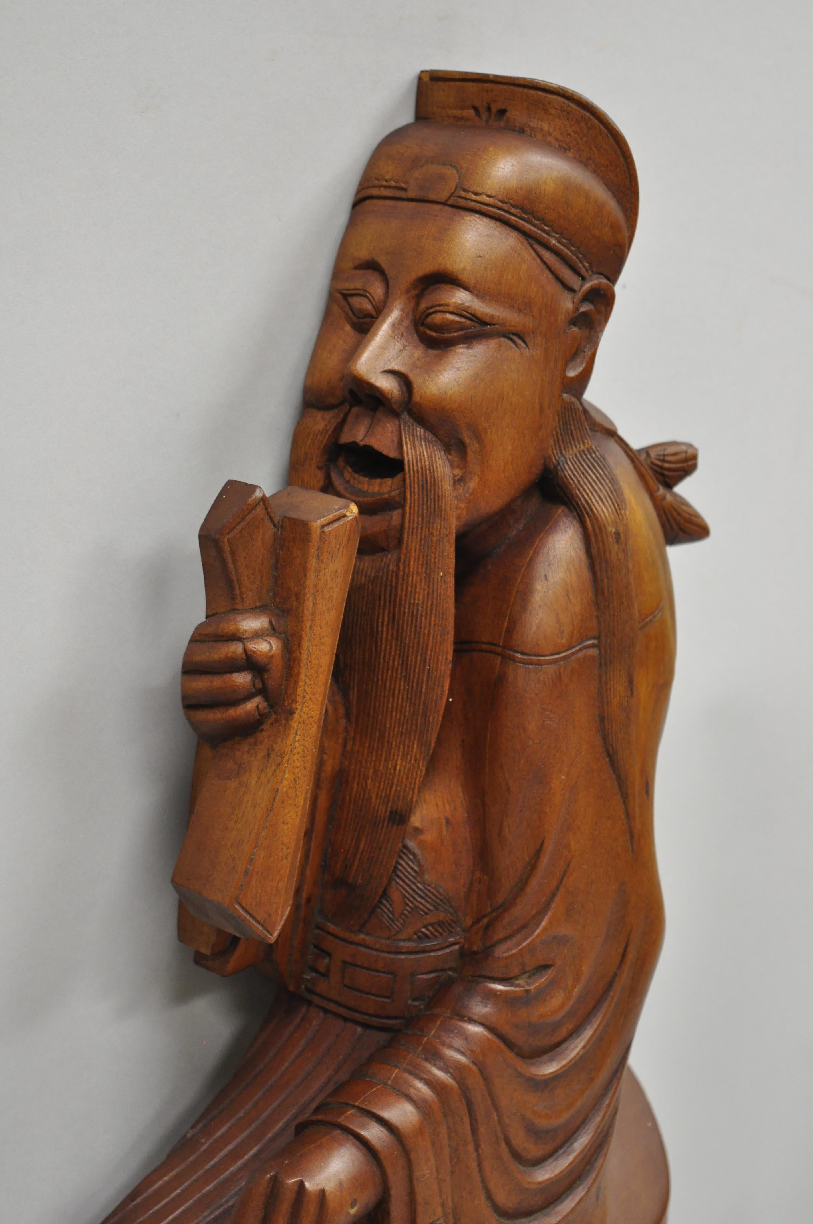 Asian Pair Vintage Ricardo Lynn Carved Teak Wood Oriental Figures Flute Player Wiseman For Sale