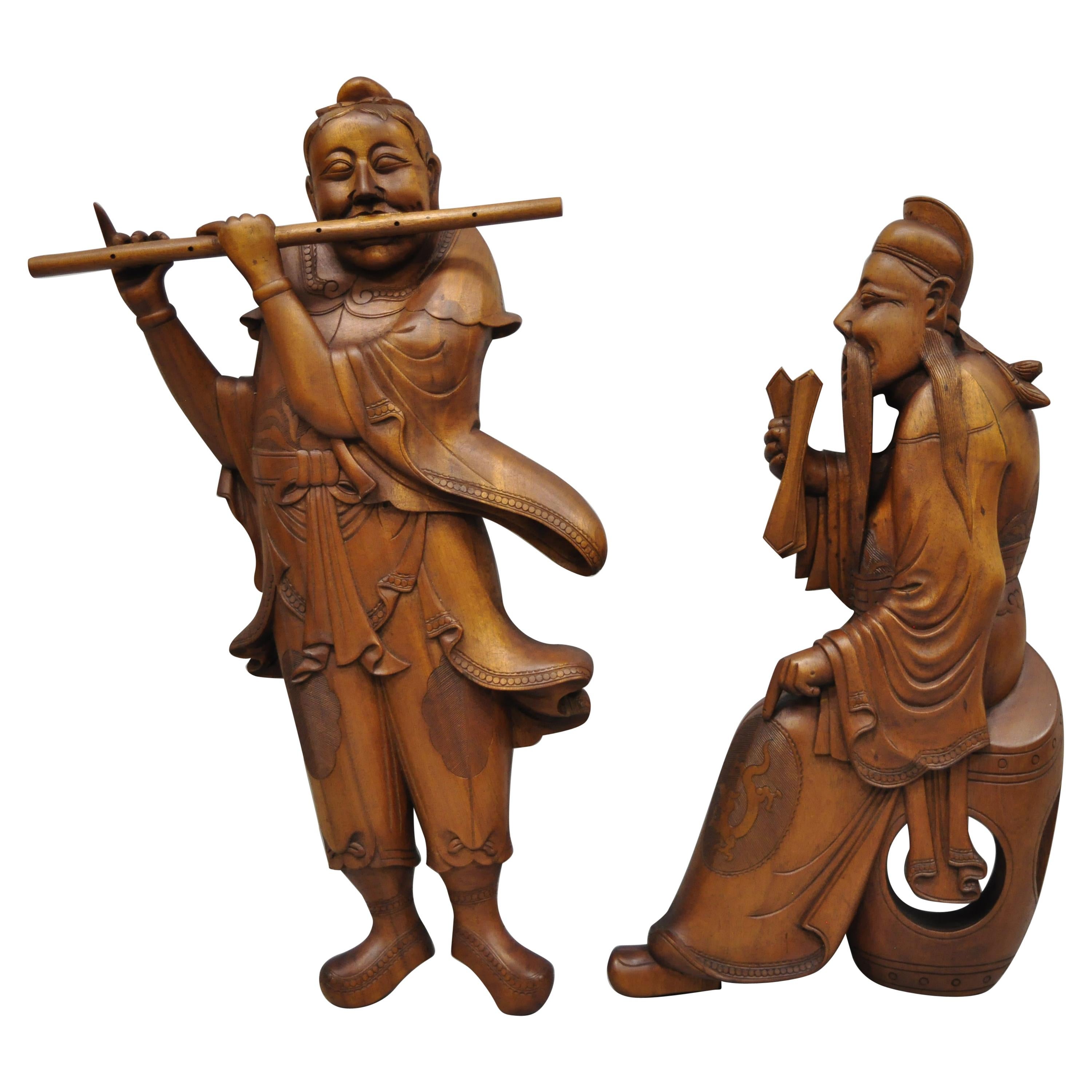 Pair Vintage Ricardo Lynn Carved Teak Wood Oriental Figures Flute Player Wiseman For Sale
