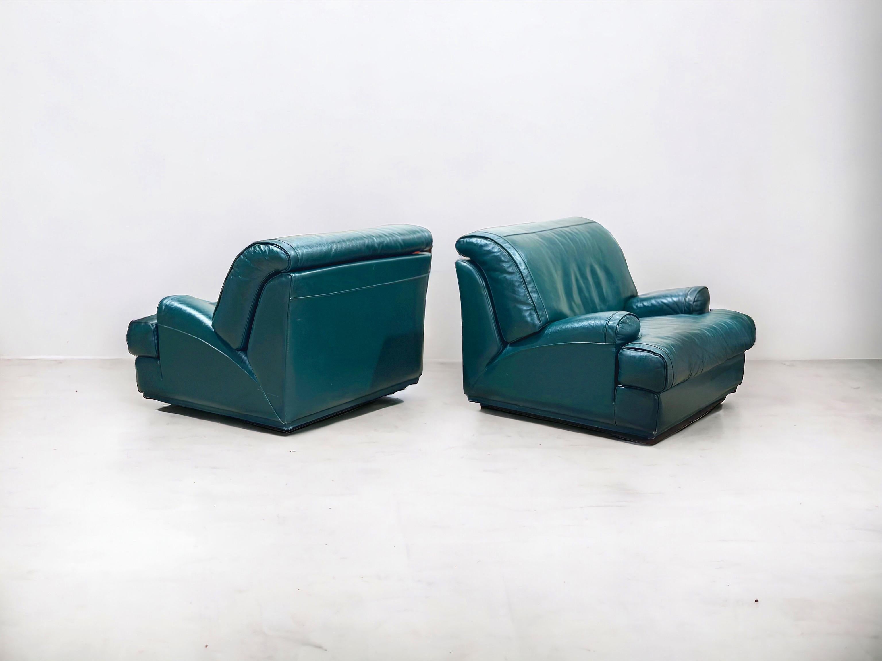 Streamlined Moderne Pair Vintage Roche Bobois Teal Leather Club Lounge Chairs - Streamline Moderne