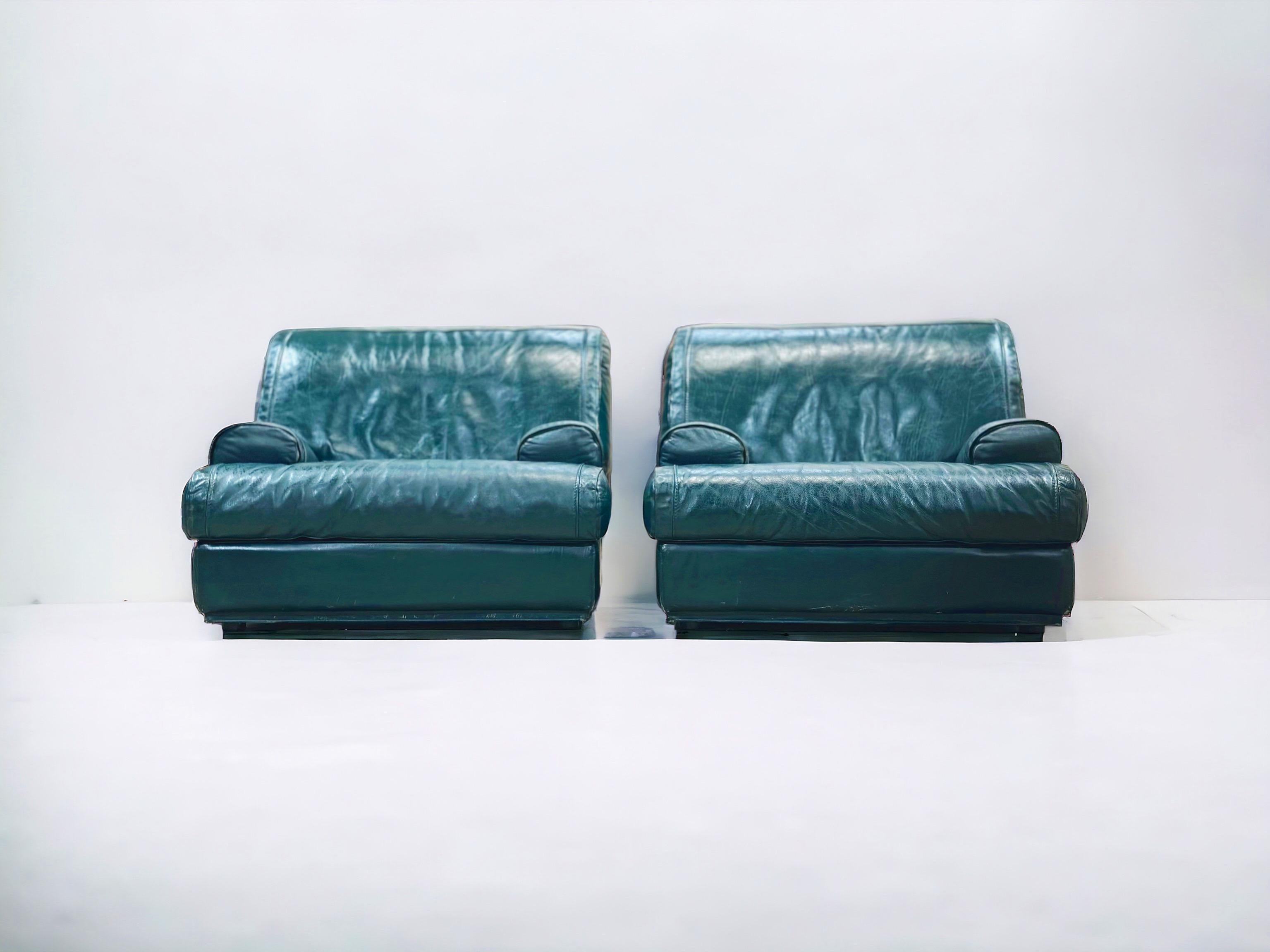 French Pair Vintage Roche Bobois Teal Leather Club Lounge Chairs - Streamline Moderne