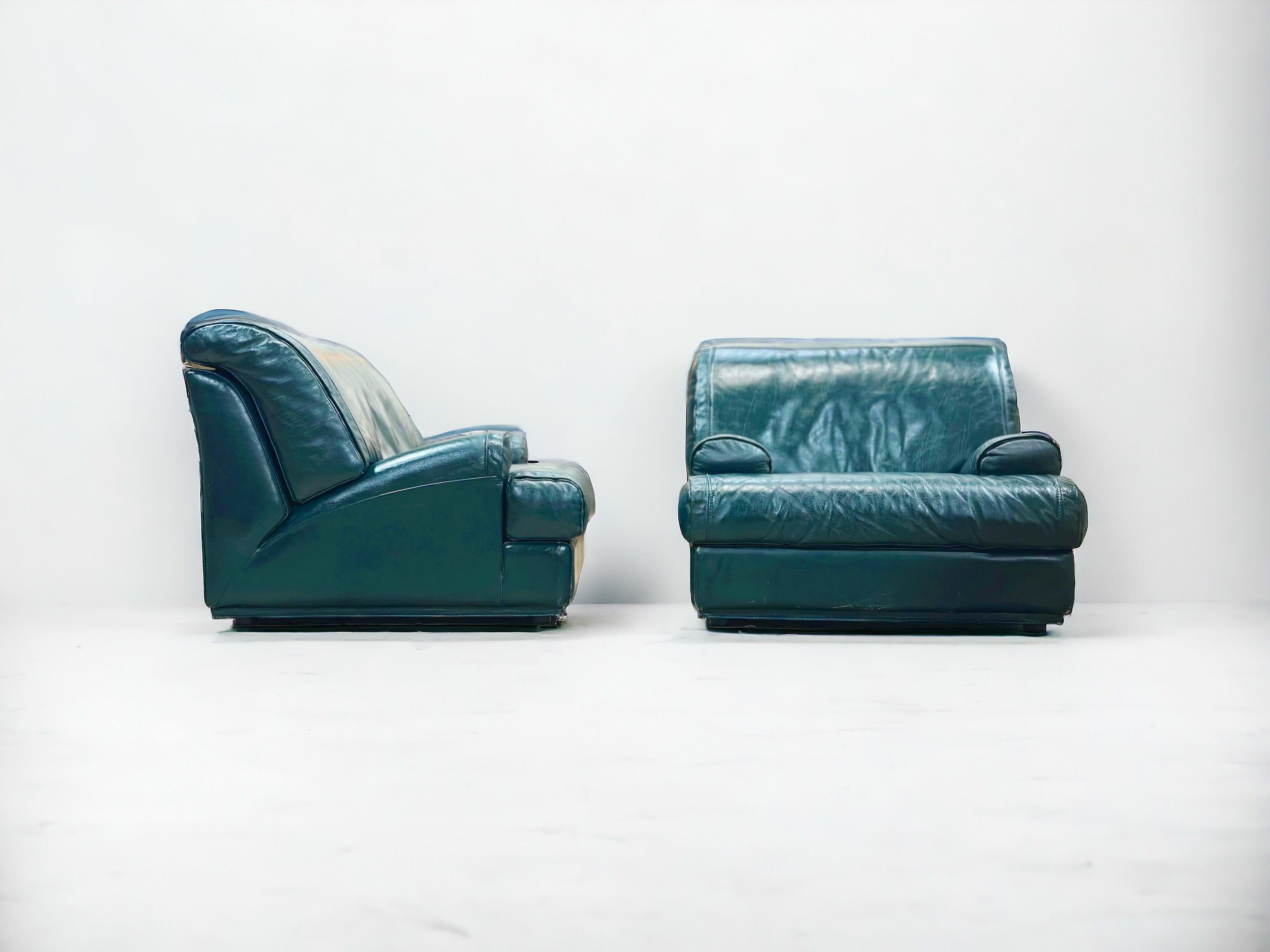 Pair Vintage Roche Bobois Teal Leather Club Lounge Chairs - Streamline Moderne 1