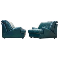 Pair Vintage Roche Bobois Teal Leather Club Lounge Chairs - Streamline Moderne