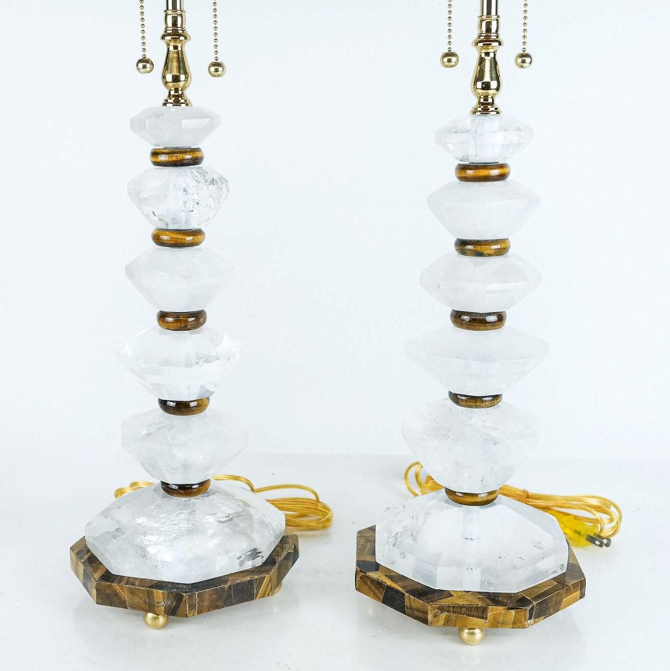 Mid-Century Modern Pair Vintage Rock Crystal and Tigers Eye Table Lamps For Sale