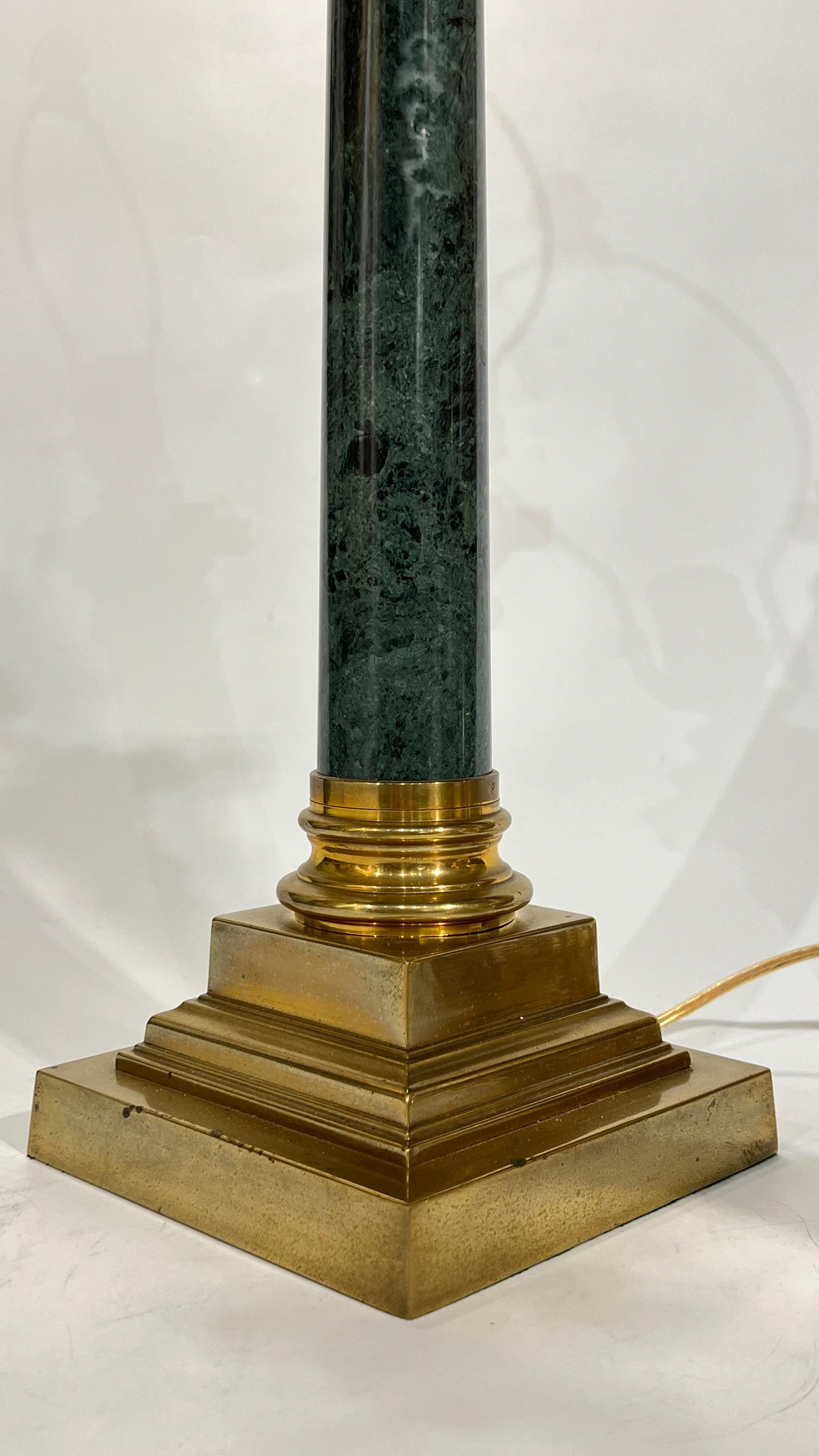 Pair Vintage Roman Column Form Green Marble and Brass Table Lamps For Sale 5
