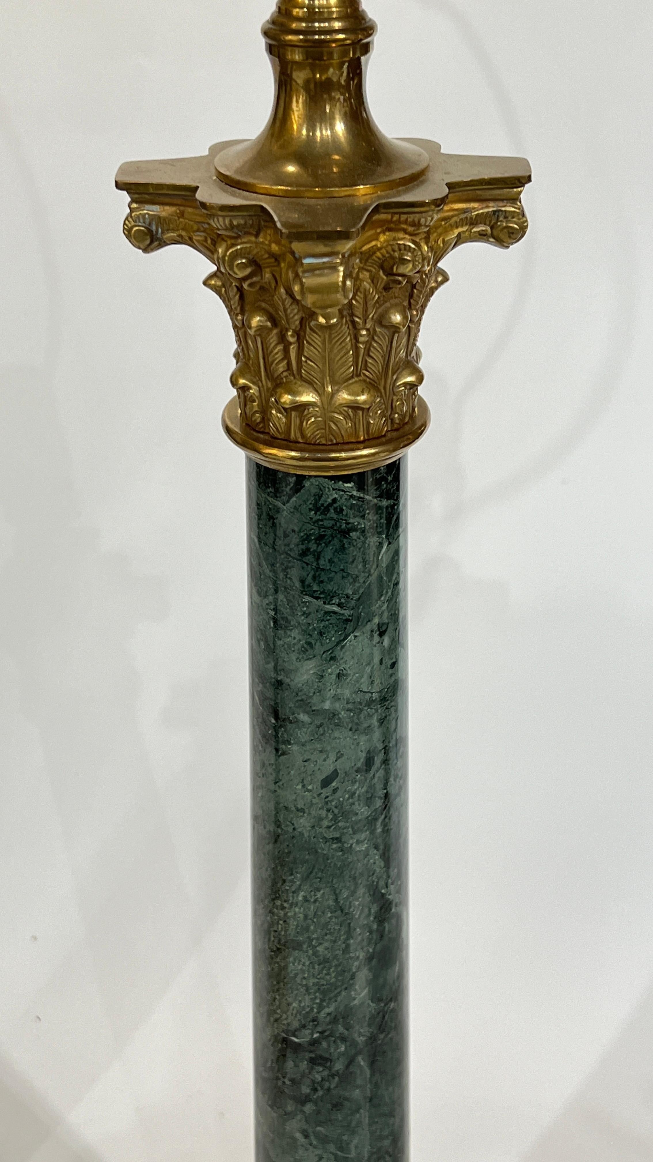 Pair Vintage Roman Column Form Green Marble and Brass Table Lamps For Sale 9