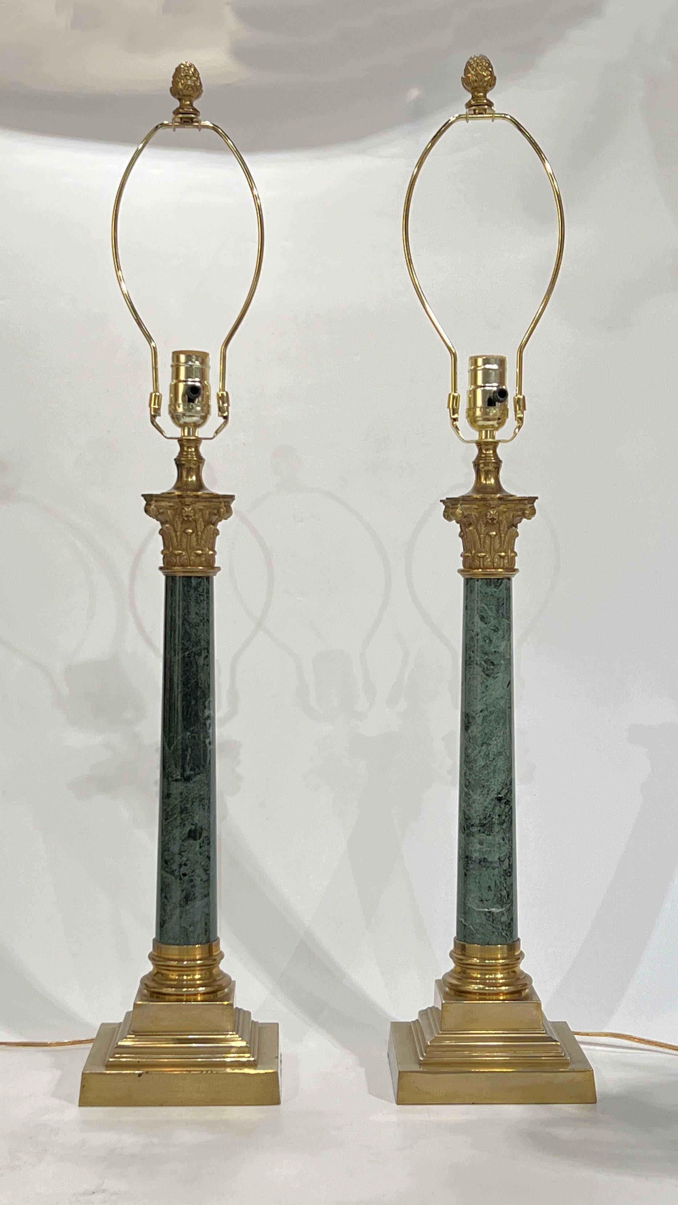 Empire Pair Vintage Roman Column Form Green Marble and Brass Table Lamps For Sale