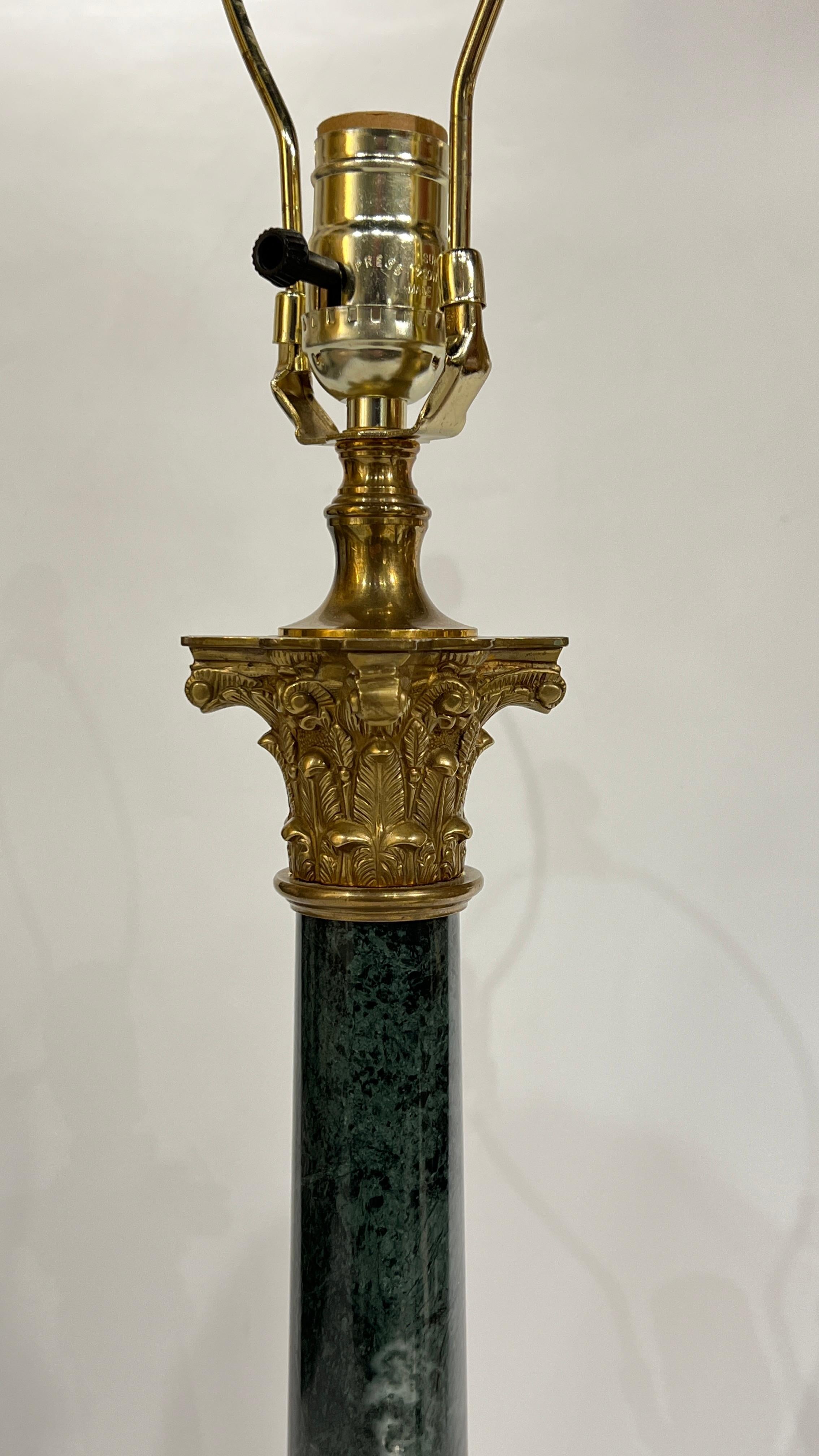 Pair Vintage Roman Column Form Green Marble and Brass Table Lamps For Sale 1