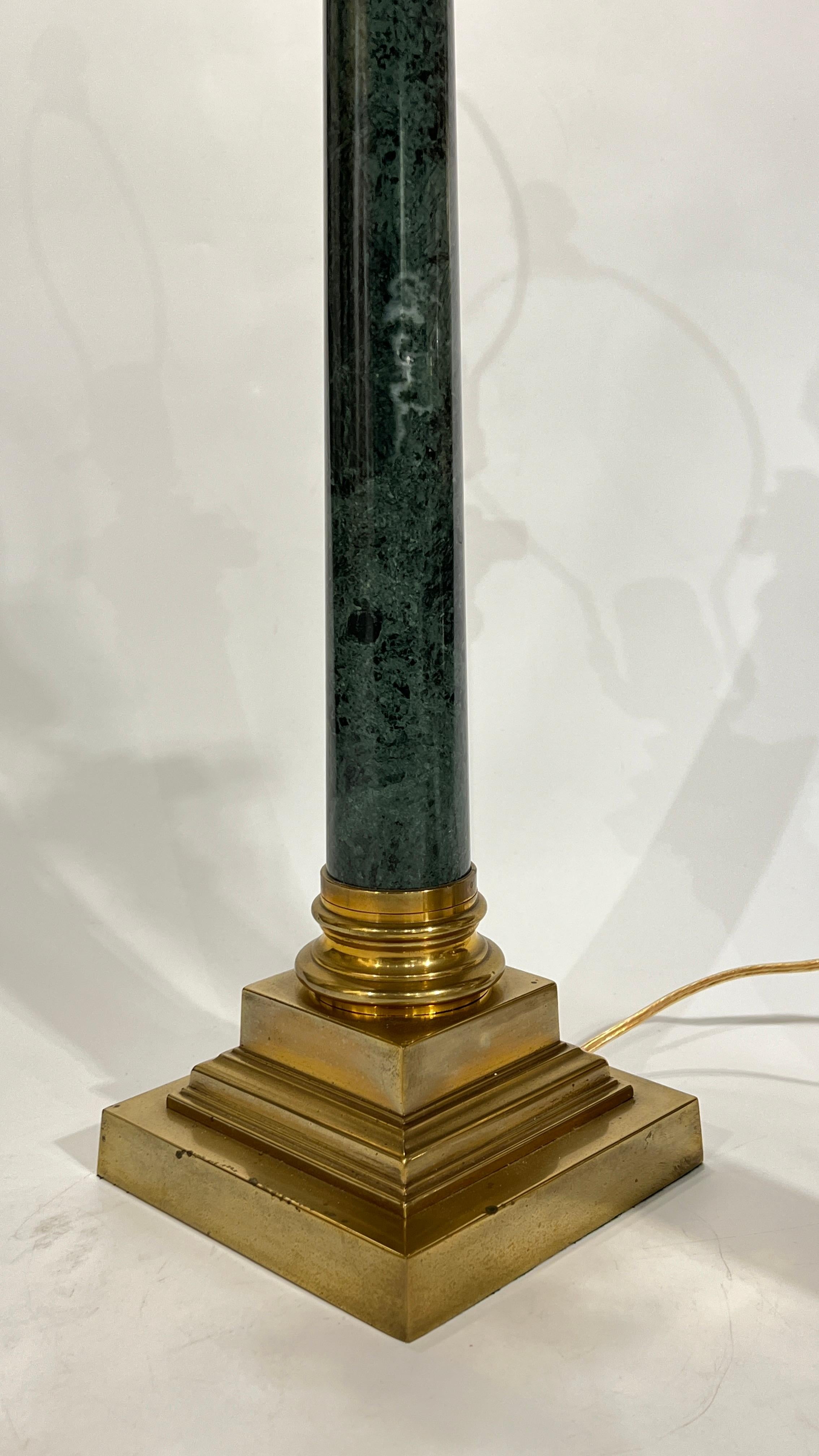 Pair Vintage Roman Column Form Green Marble and Brass Table Lamps For Sale 2