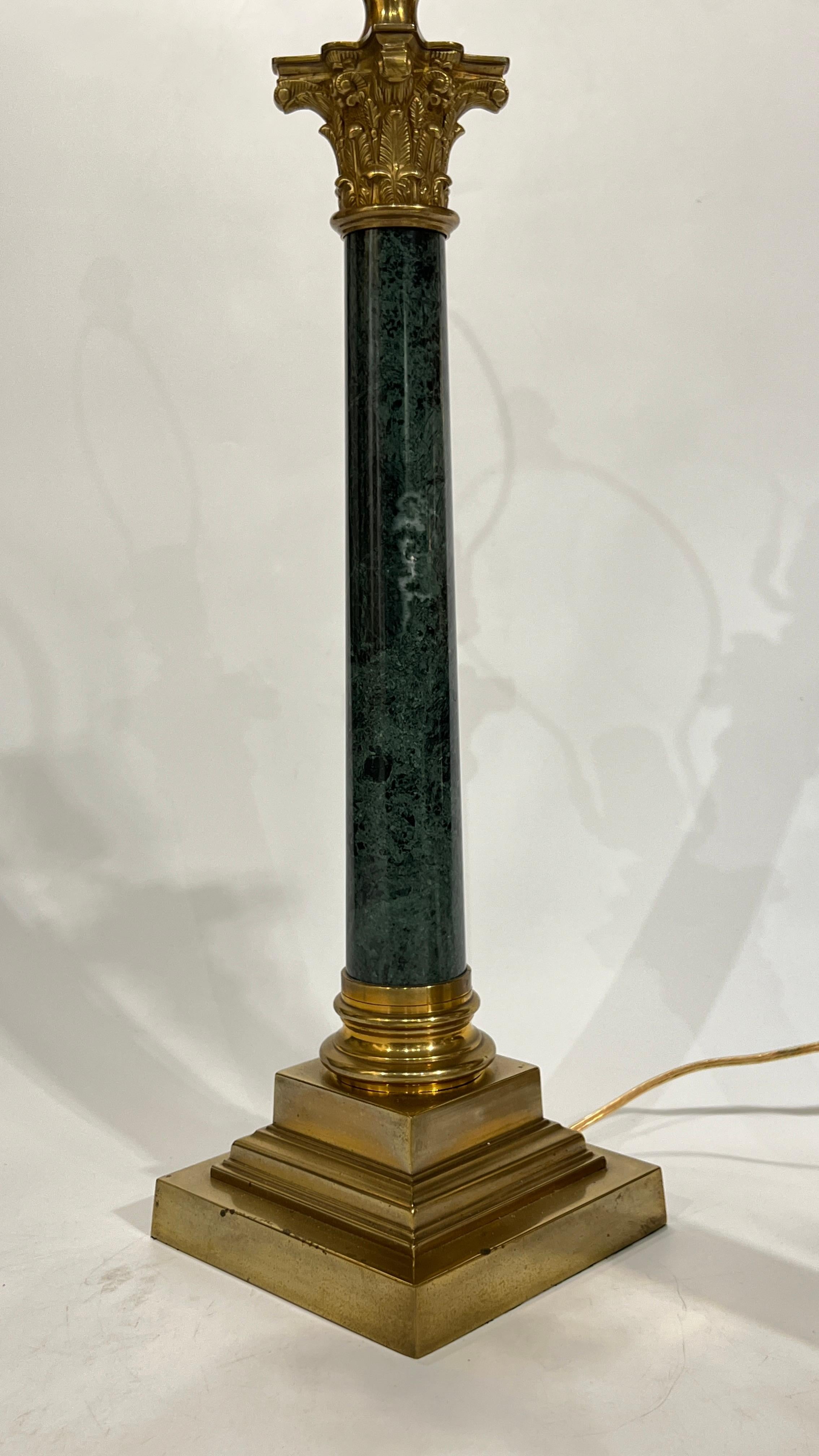 Pair Vintage Roman Column Form Green Marble and Brass Table Lamps For Sale 3