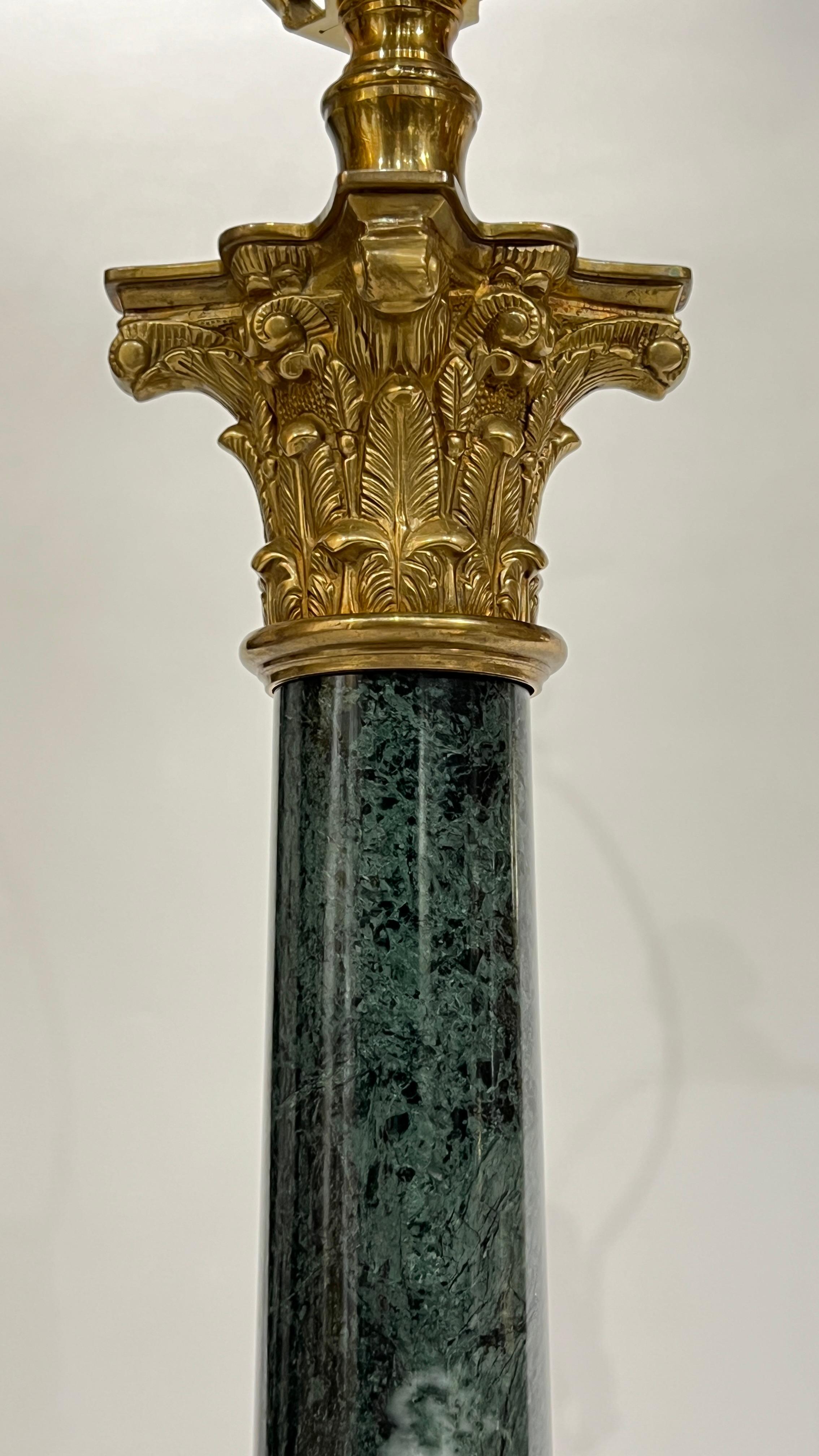 Pair Vintage Roman Column Form Green Marble and Brass Table Lamps For Sale 4