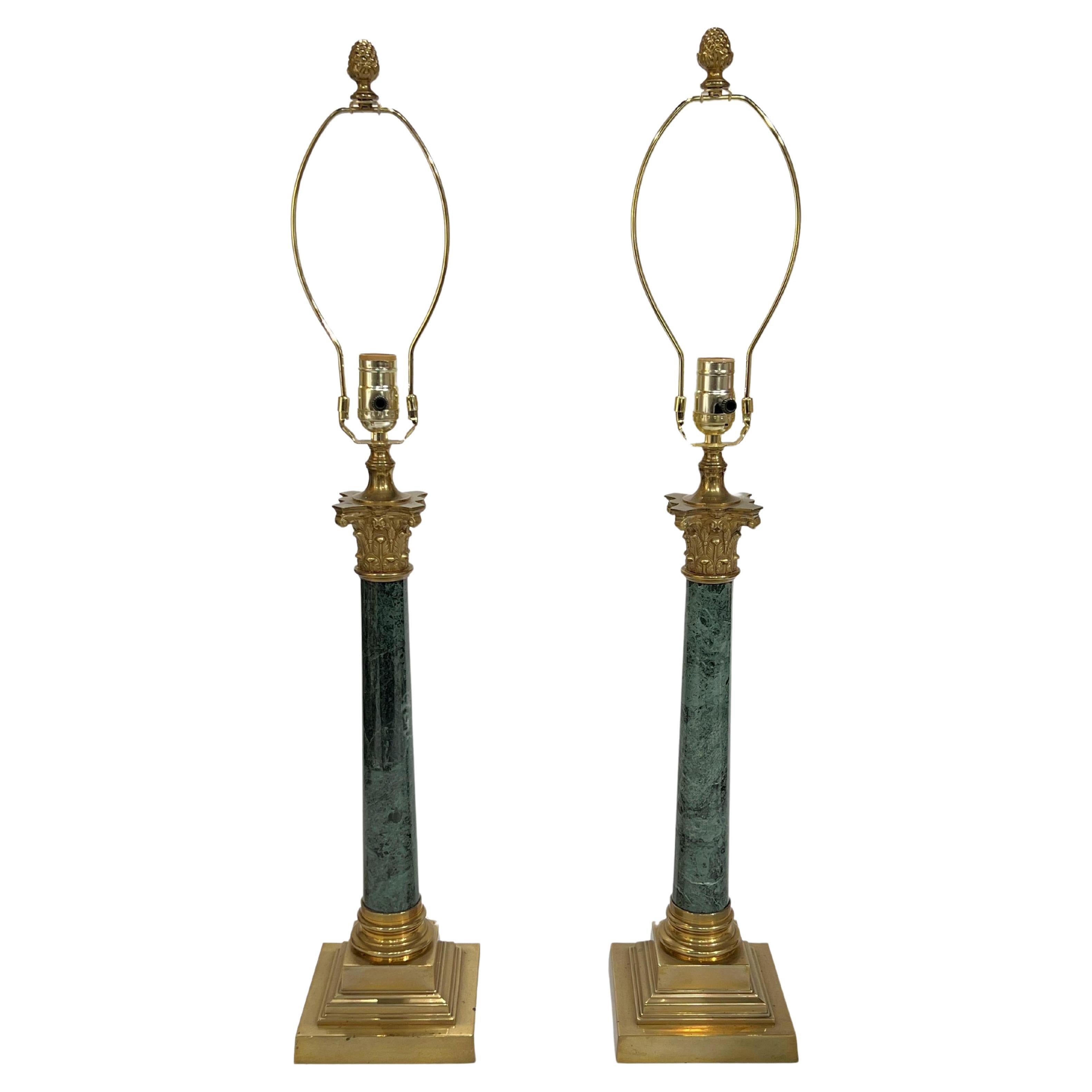 Pair Vintage Roman Column Form Green Marble and Brass Table Lamps