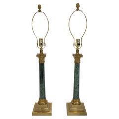 Pair Vintage Roman Column Form Green Marble and Brass Table Lamps
