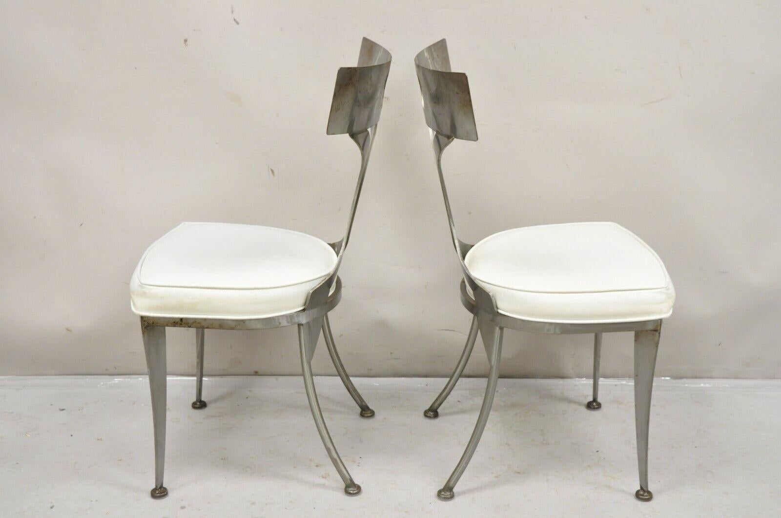 Pair Vintage Shaver Howard Brushed Steel Metal Modern Regency Style Side Chairs For Sale 7