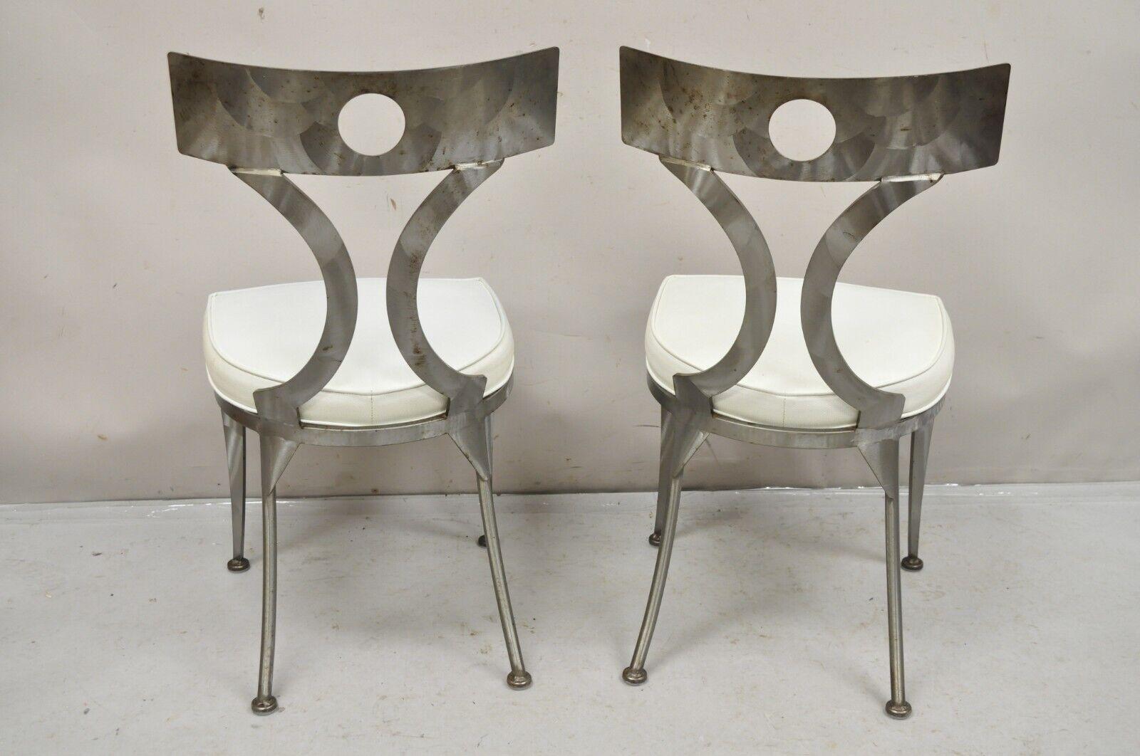 Pair Vintage Shaver Howard Brushed Steel Metal Modern Regency Style Side Chairs For Sale 4