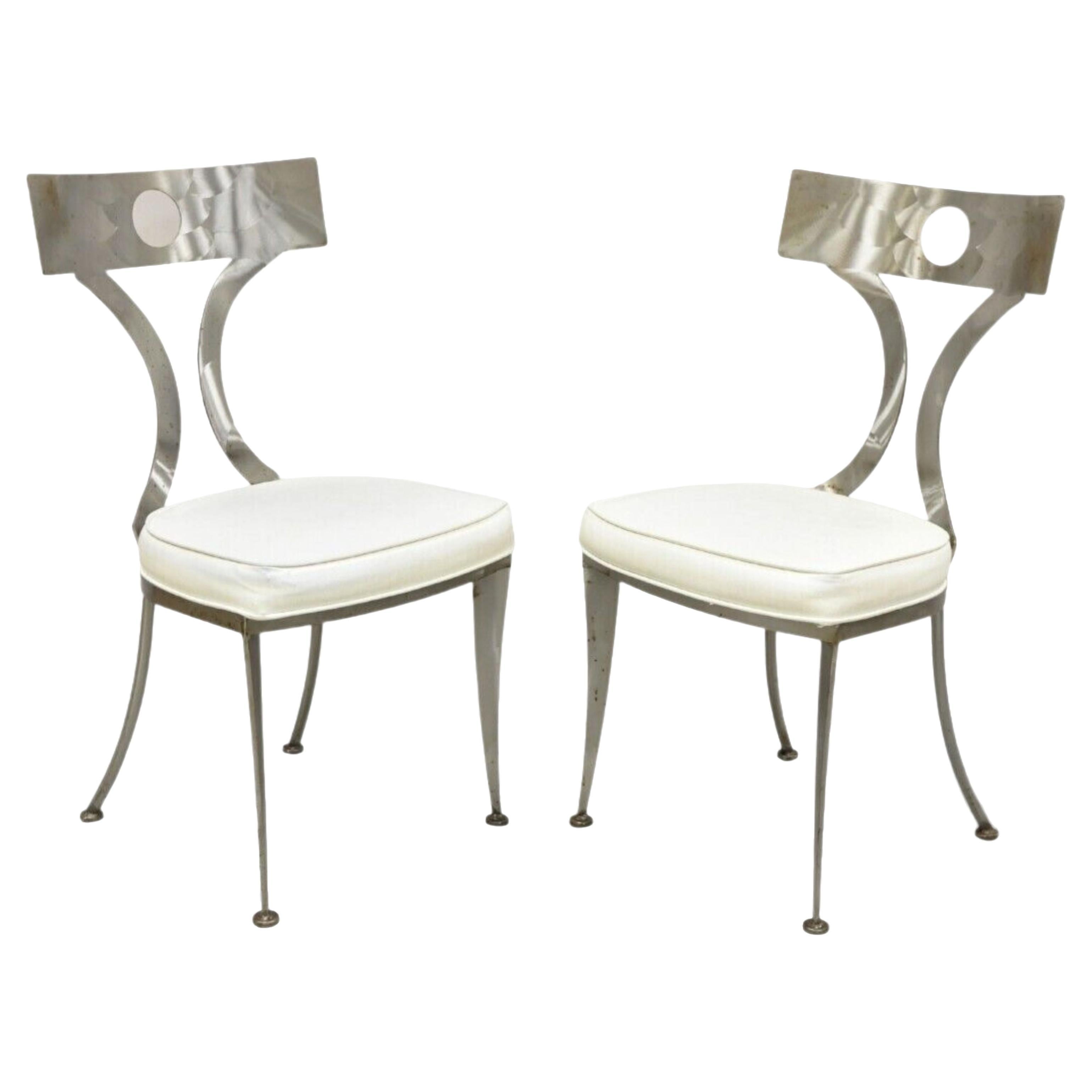 Pair Vintage Shaver Howard Brushed Steel Metal Modern Regency Style Side Chairs For Sale