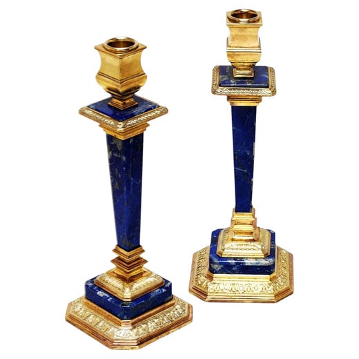 Pair Vintage Silver Gilt & Lapis Lazuli Candlesticks Italy c. 1940