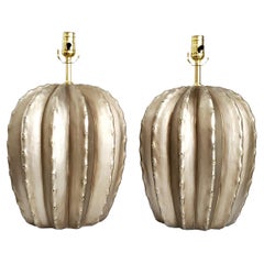 Pair Vintage Silver Painted Plaster Cactus Table Lamps by Bon Art, 1990s