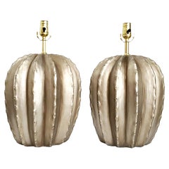 Pair Vintage Silver Painted Plaster Cactus Table Lamps by Bon Art, 1990s
