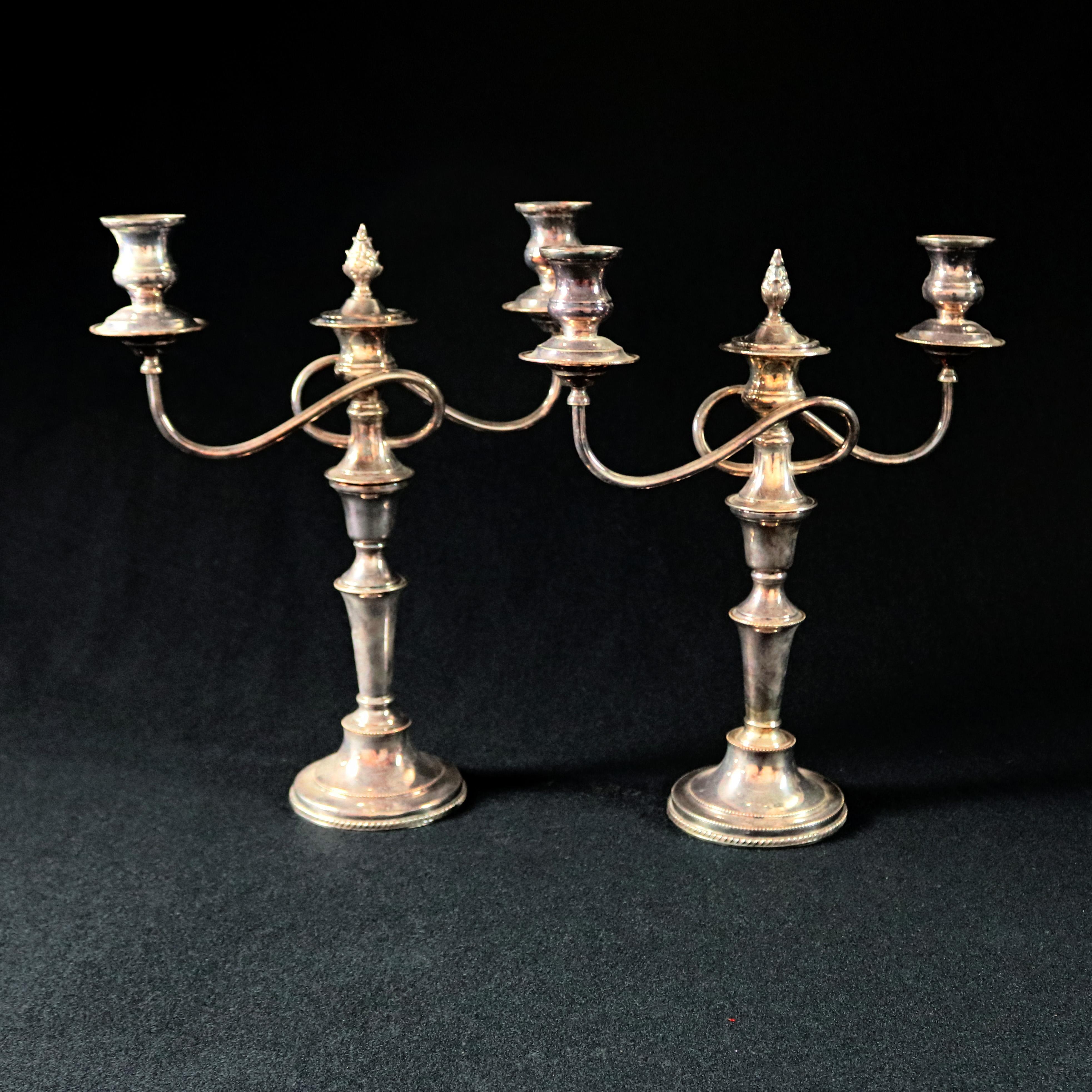 PAIR ANTIQUE BRONZE /& SILVERPLATE 3 ARM CANDELABRA ROCOCO