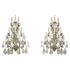 Paire d'appliques vintage à 9 lumières en bronze argenté et cristal