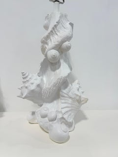 Pair, Vintage Sirmos White Lacquered Plaster Seashell Table Lamps, Palm Beach