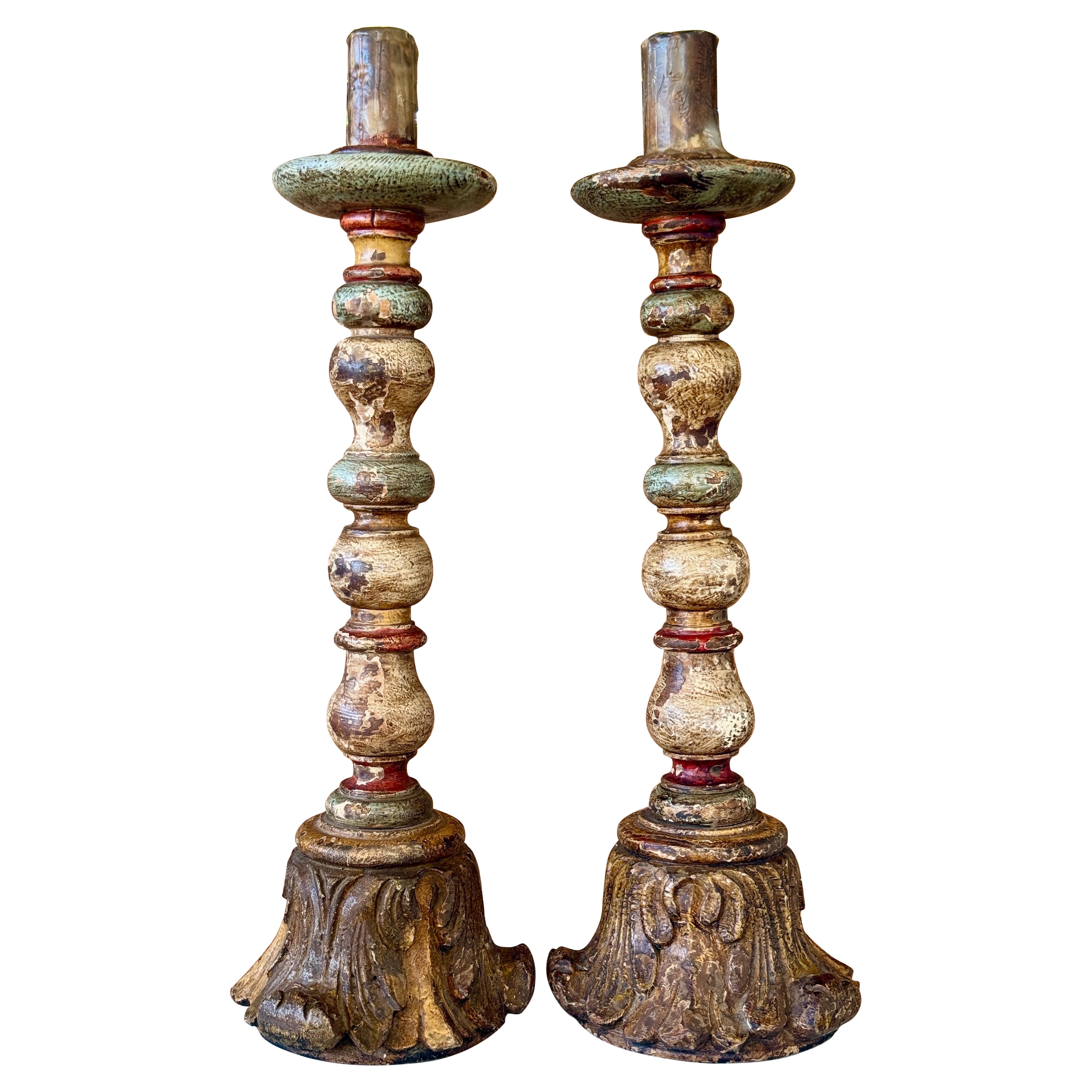 Pair Vintage Spanish Carved Polychrome Wood Candlesticks by Bonachera
Andujar